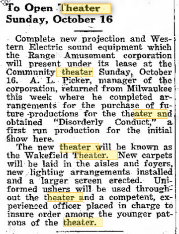 Wakefield Theatre - New Equipment And Name Change Oct 8 1932 (newer photo)